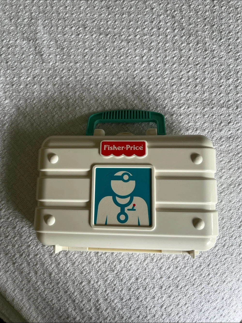 1997 Fisher-Price Cream Case with Teal Handle Kids Medical Storage Box